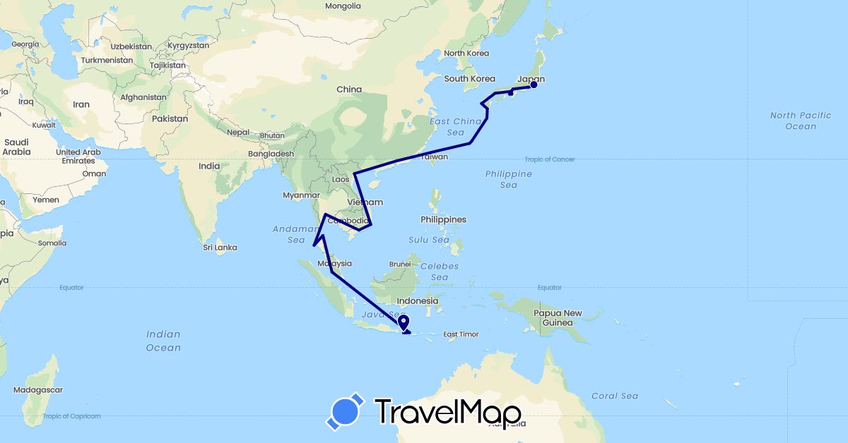 TravelMap itinerary: driving in Indonesia, Japan, Malaysia, Thailand, Taiwan, Vietnam (Asia)